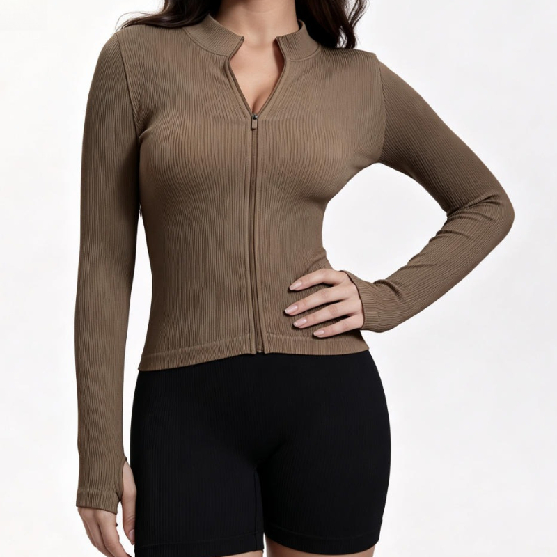 Women Ribbed Long Sleeve Zip U - Yoga Fitness Yoga ulasan dan harga